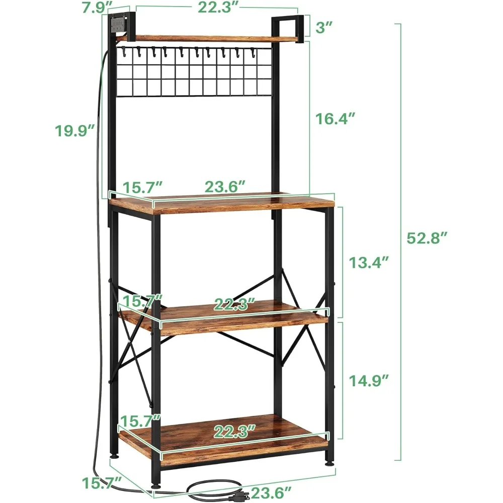 Support de boulanger avec prise de courant, étagères de cuisine, support micro-ondes avec grille métallique (marron rustique, 23,5 x 15,6 x 52,8 pouces)