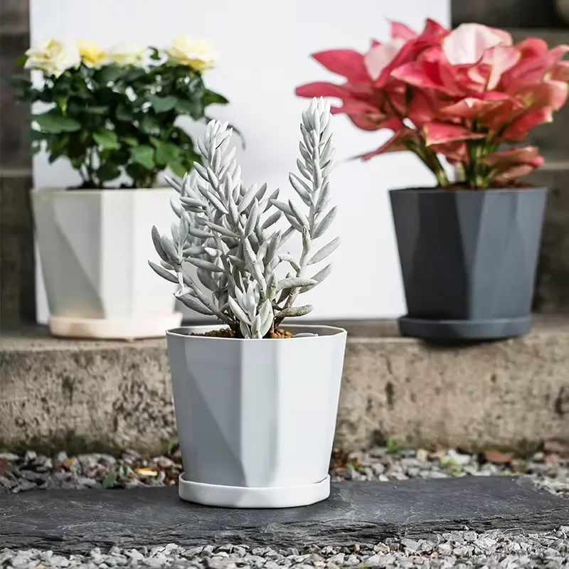 Modern Plastic Plant Pot with Tray Simple PP Flower Planter Container for Green Plants Floor Table