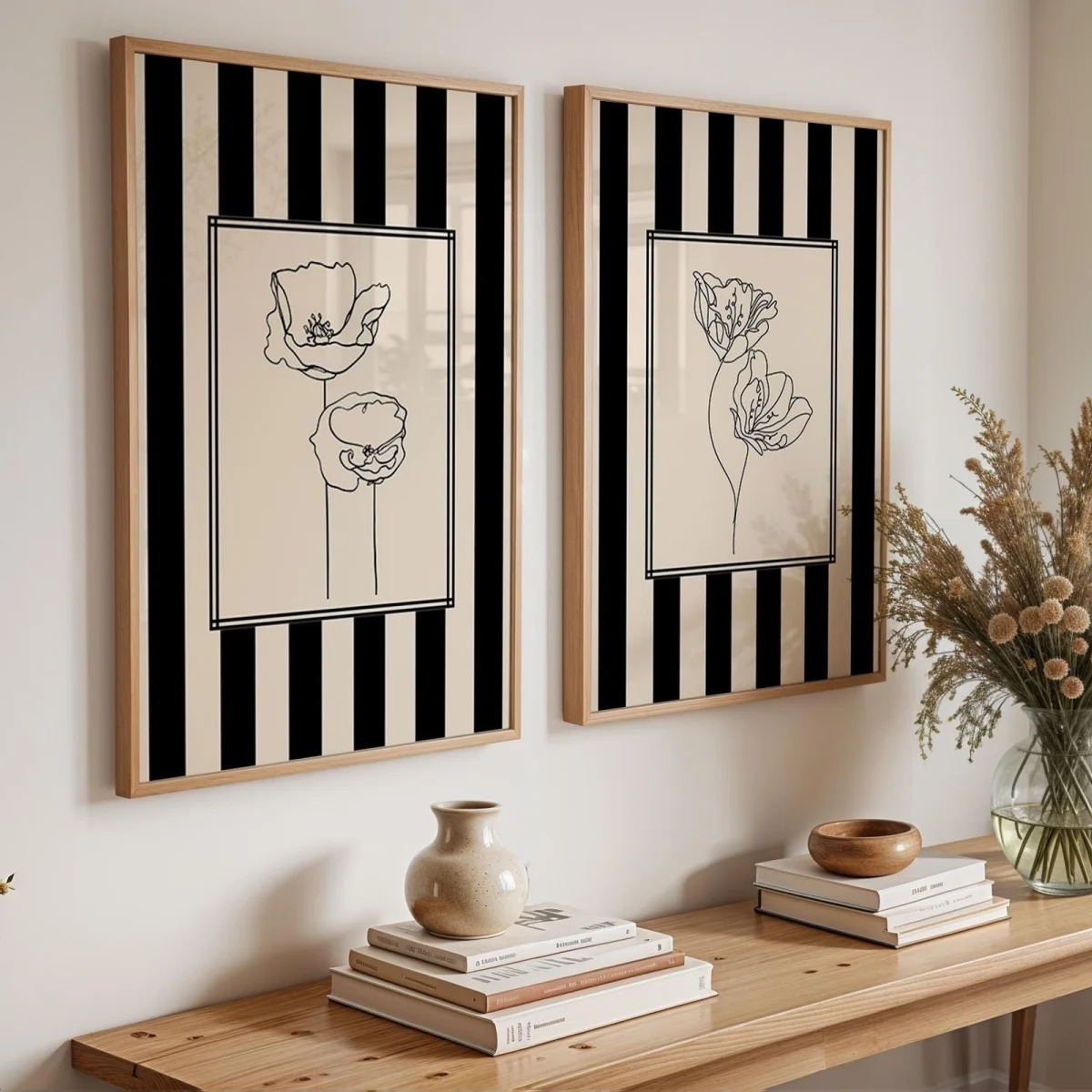2pcs/set Botanical Flower Line Striped Canvas Prints Poster Modern Cottagecore Floral Prints Bedroom Wall Art Home Decor Poster