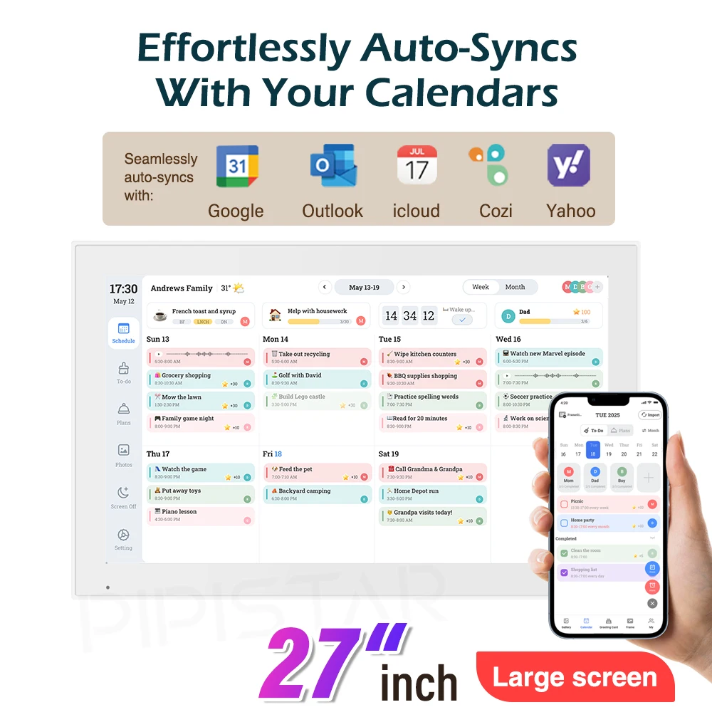 Smart Digital Calendar 27inch Large Screen Family Planner Electronic Chore Chart Interactive Touchscreen Wall & Desk Mountable