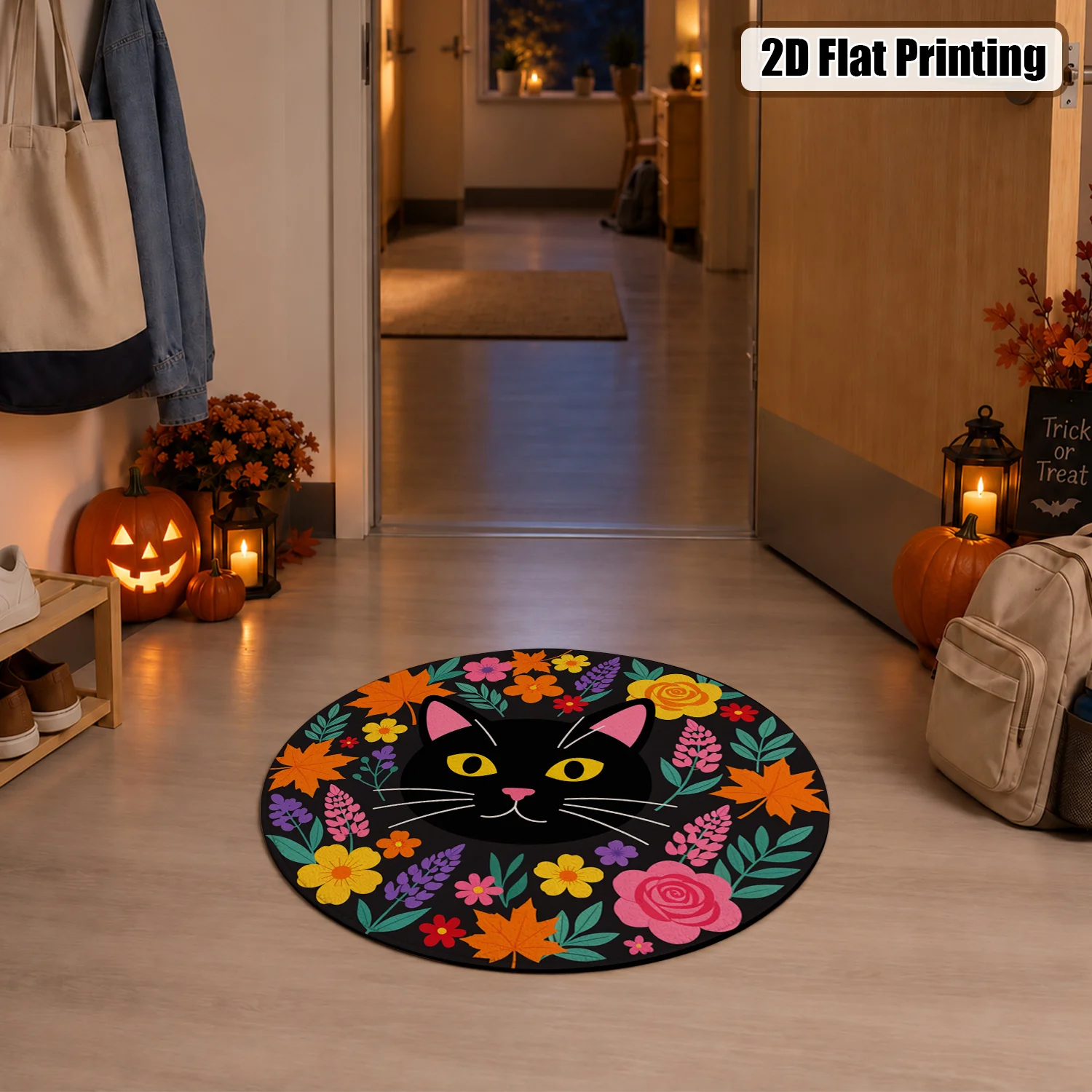 Black Cat Autumn Floral Pattern Round Velvet Rug, Machine Washable, Stable Placement, Ideal for Living Room, Bedroom, Entryway, Dining Area, Halloween Thanksgiving Christmas New Year Home Decor