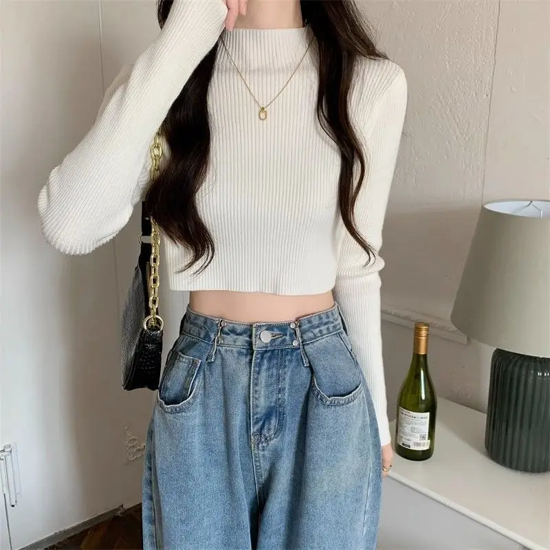 Soft Sticky Exposed Navel Short High Waisted Sweater with Long Sleeves Slim Fit and Slimming Knitted Base Sweater for Women