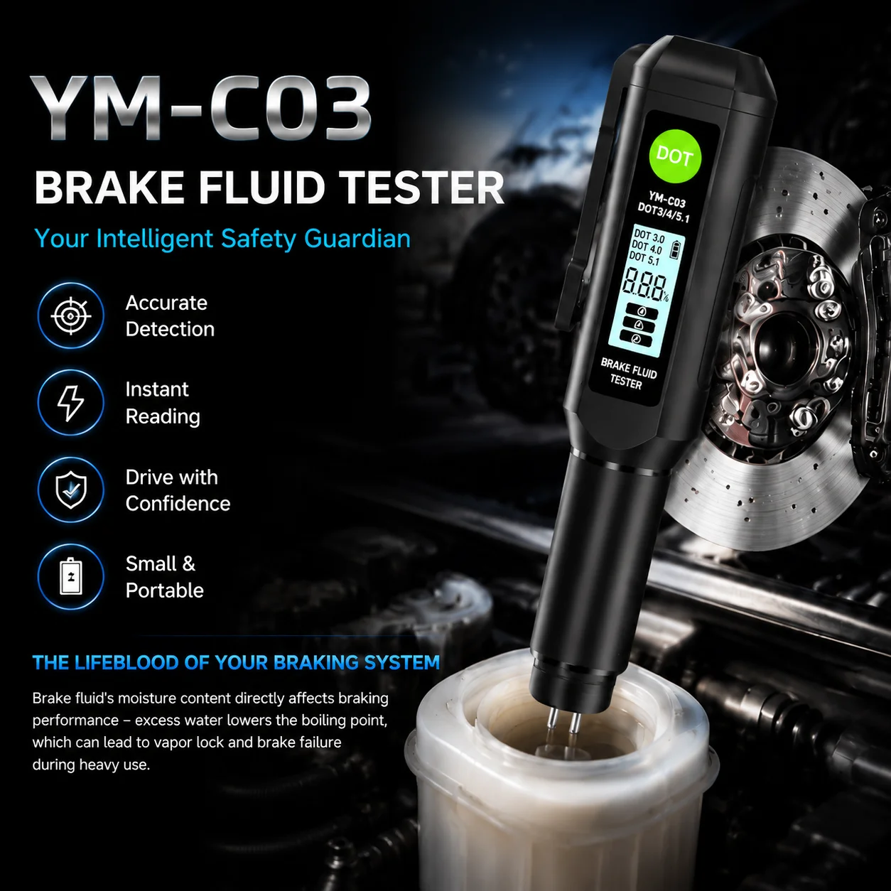 Automotive Brake Fluid Tester Pen DOT3 DOT4 DOT5.1 Brake Oil Moisture Detector High Precision Diagnostic Tool Auto Maintenance