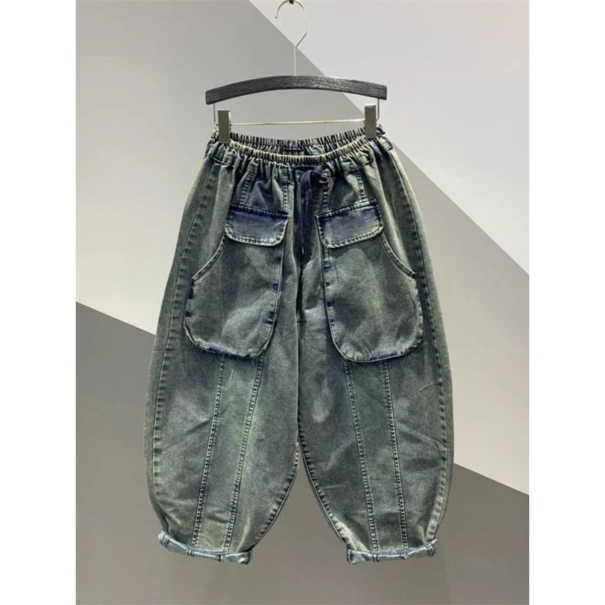 

Джинсы для папы большого размера, свободные широкие брюки-шаровары, мужские повседневные джинсовые утягивающие брюки с зауженной талией, удобные дышащие брюки из полиэстера