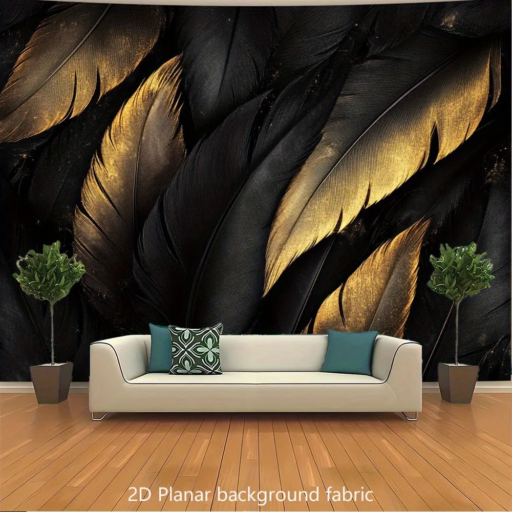 Black Gold Feather Tapestry Luxury Abstract Pattern Modern Wall Hanging Elegant Living Room Decor 2D Planar Background Fabric
