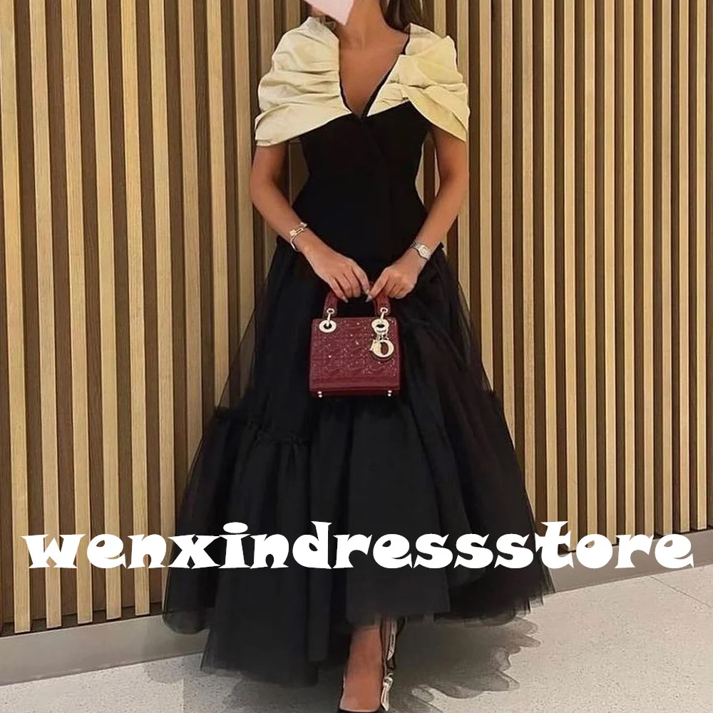 Dubai Evening Caftan Dress Short Sleeves Tulle A-Line V Neck Tea Length Pleats Elegant Dresses For Formal Occasions Simple 2024