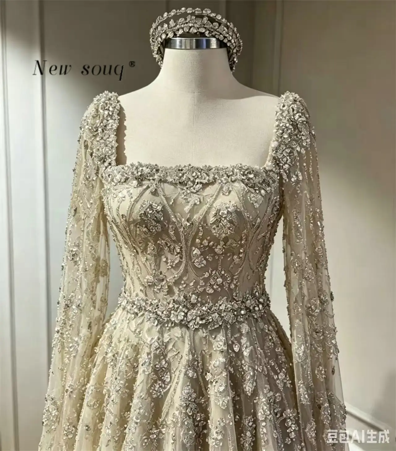 

Arabic Champagne Cape Sleeve Heavy Beaded Evening Dresses Customized Formal A Line Modest Muslim Wedding Party Gowns