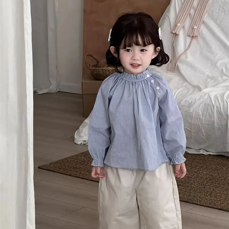 

Детская одежда для девочек, детские топы, хлопковые футболки, синий полосатый топ с вышивкой, свободная и удобная блузка для девочек