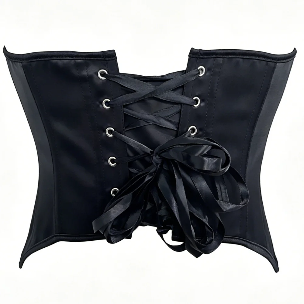 Vintage Sexy Black Satin Corset Top Strapless Bustier Back Ribbon Lace Up Club Evening Wear Waist Cinching Body Shaping