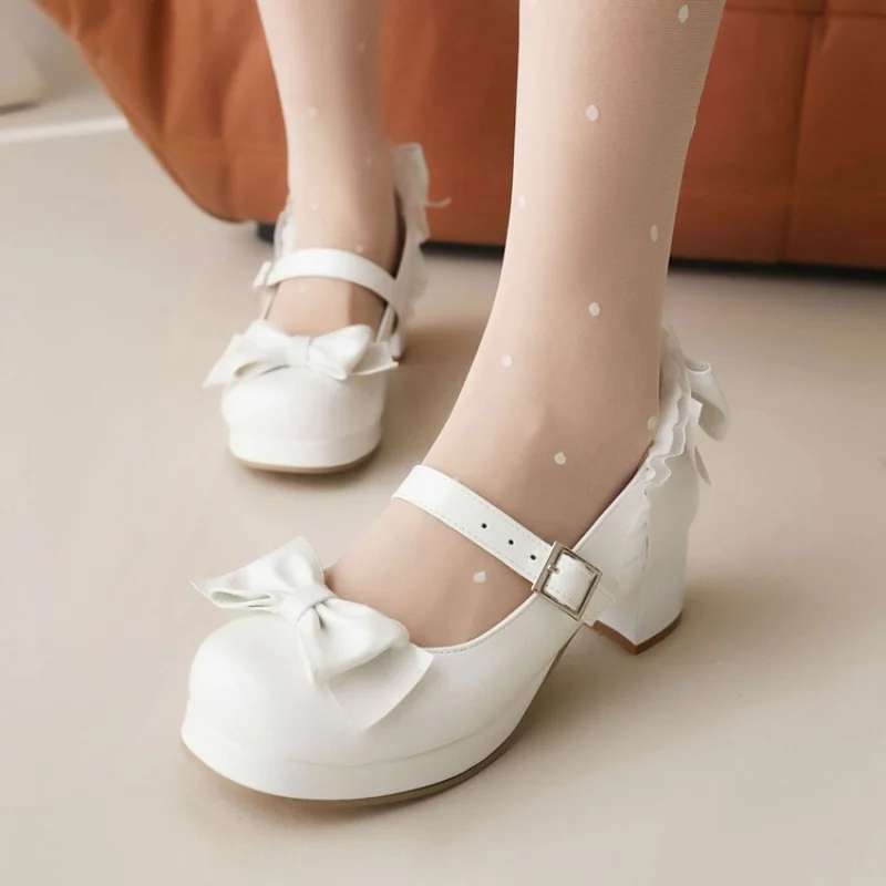 Butterfly-knot Mary Janes Patent Leather Block Med Heel Pumps for Women Rockabilly Shoes Lolita Fashion Vintages Maid Cosplay