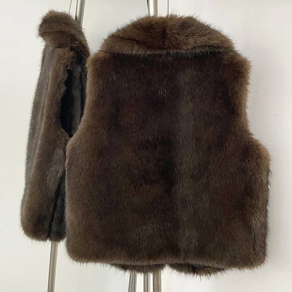 معطف الفرو صديقة للبيئة الخريف الشتاء النساء معطف الفرو الدافئ أكمام التلبيب الاصطناعي فو الفراء صدرية وهمية الفراء Jakcet الإناث