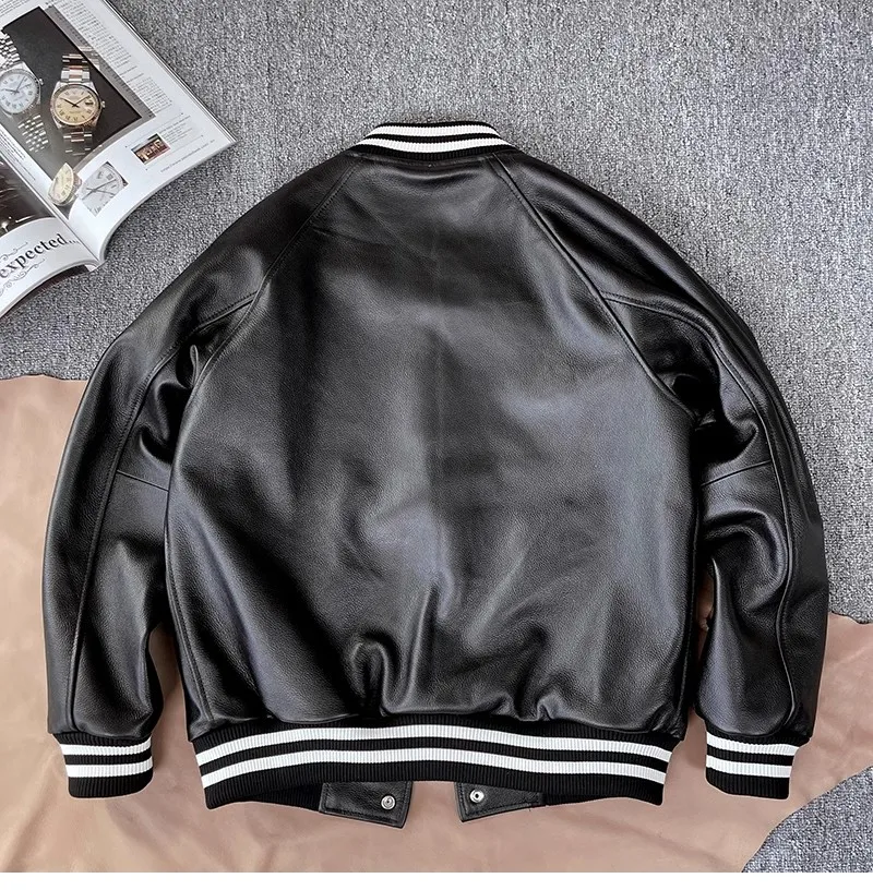 American Loose Genuine Leather Jacket Men\'s Casual Leather Outwear Raglan Sleeve Baseball Uniform First Layer Cowhide Jacket Heavy Genuine Leather