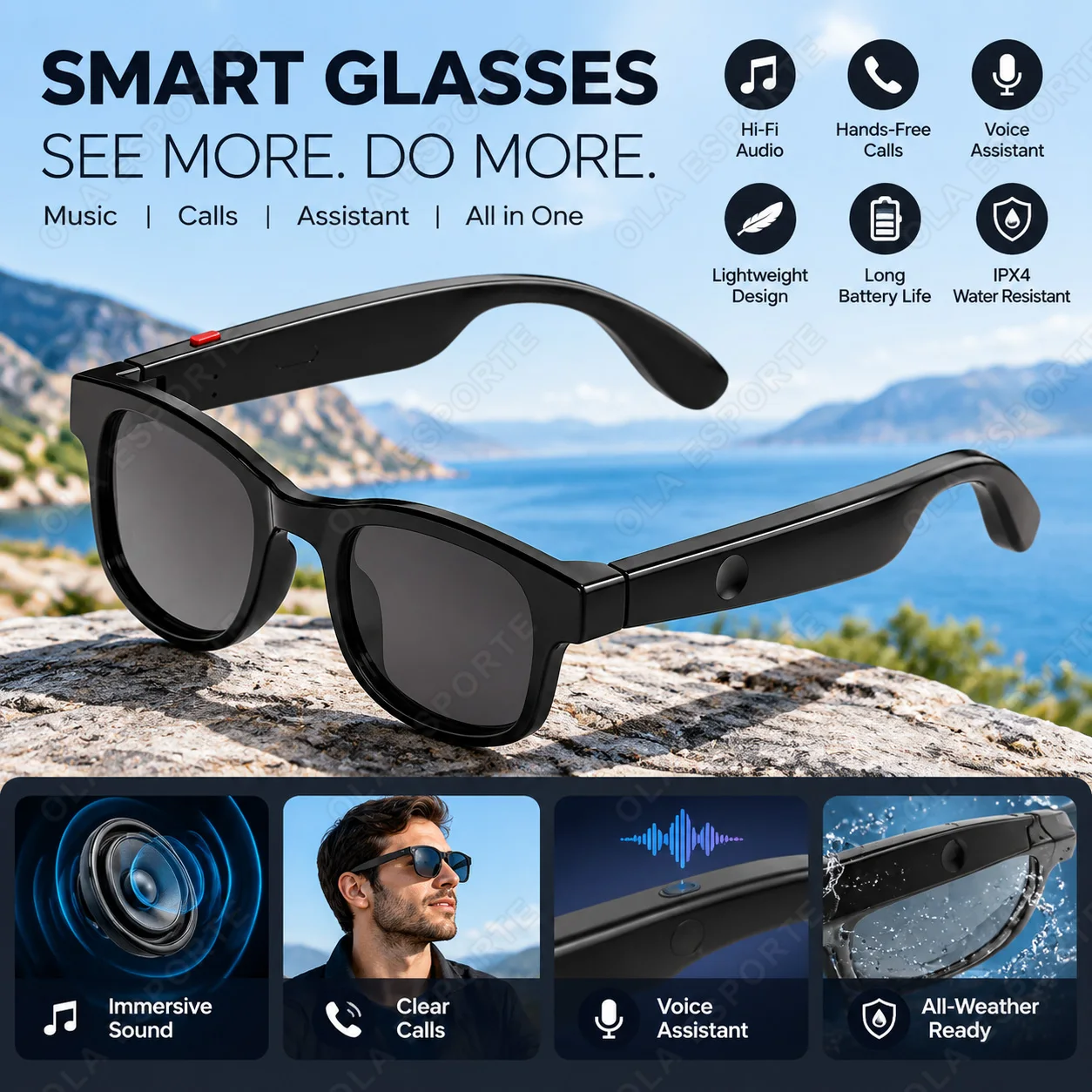 NEW Smart Glasses Bluetooth 5.3 Wireless Call Music Playback Voice Assistant Outdoors Sports Glasses Waterproof Sunglasses Q01