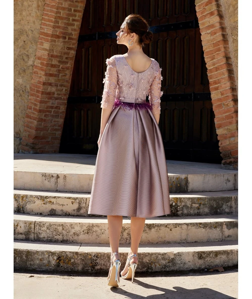 Customized Dusty Pink A Line Mother of The Bride Dress Lace Floral 3/4 Sleeve Satin Wedding Party Formal Gown for Women