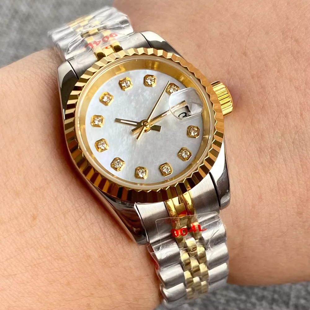 26mm Small Lady Automatic Watch NH05A Movement MOP Dial Curved Fluted Bezel Bracele Band Sapphire Glass Two Tone Rose