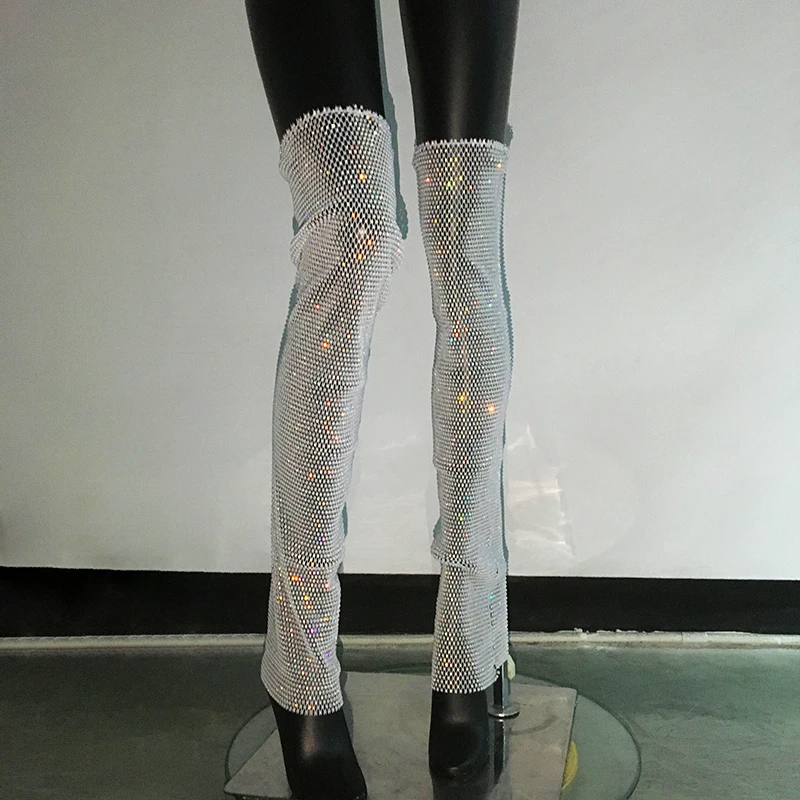 Glitter Crystal Diamond Leg Warmers Fishnet Rhinestone Y2K Streetwear Long Socks Rave Festival Knee High Boots Cover Clubwear