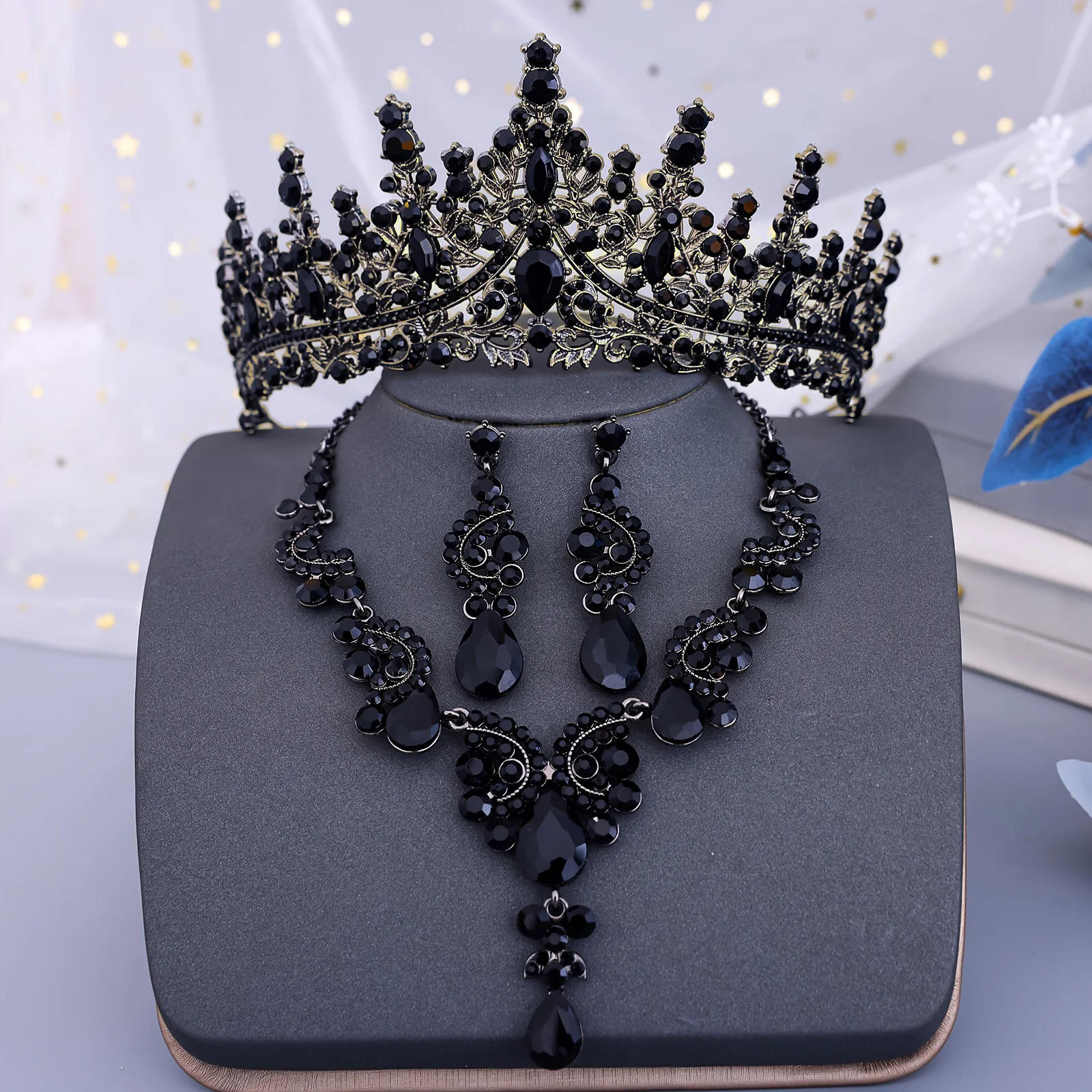 Schwarzes Kristall-Brautschmuck-Set für Frauen, Tiaras, Ohrringe, Halsband, Halskette, Brautkrone, Hochzeitskleid, Kostümzubehör