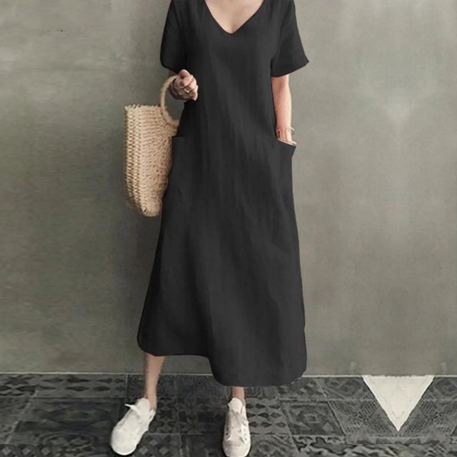 2024 Summer Dresses Qutfits Causal Dress Short Sleeved Cotton Linen V Neck Dress With Pocket Loose Comfy Dresses Vestidos