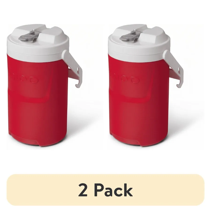 

2 pack 1 gallon sports plastic beverage jug with hooks for gym and outdoor use, red, durable BPA-free material
