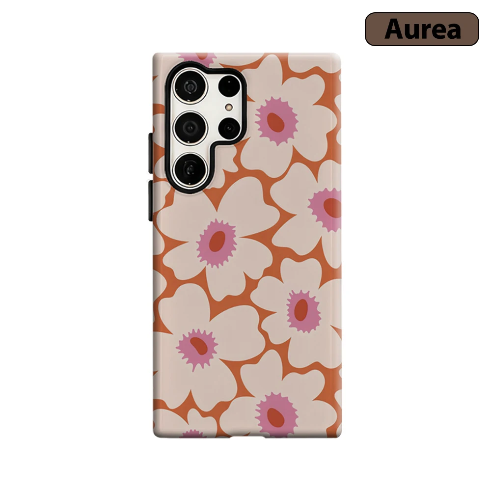 Retro Orange Floral Print Phone Case for Samsung Galaxy S25 Ultra S24 S23 Ultra Plus Shockproof Double Layer Tough Back Cover