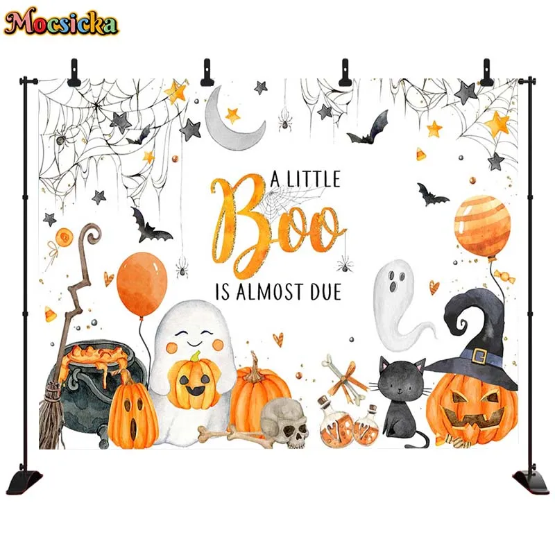 Halloween Background A Little BQQ is Almost Due Pumpkin Ghost Black Cat Skull Bat Decoration Backdrop Newborn Photography Studio