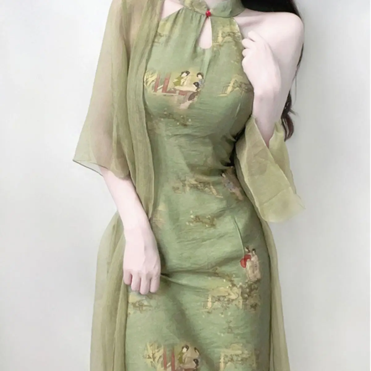 

Original Green Sleveless Long Qipao 2025, Halter Neck Cheongsam, Cool Classical Dress Spring Summer New Clothes in Chinese Style