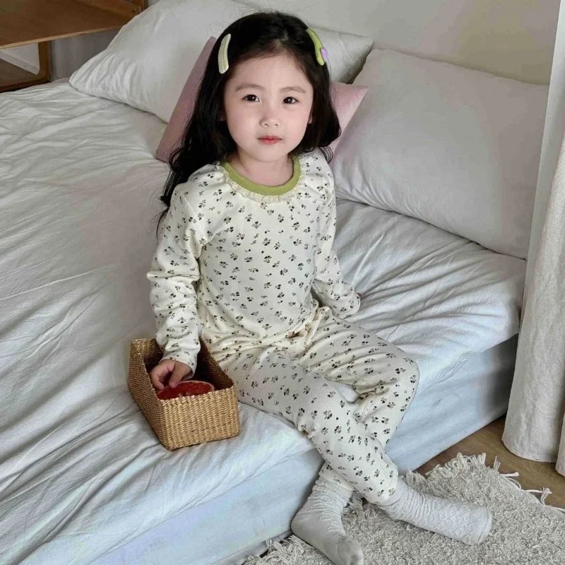 A Class 100% Cotton Kids Autumn Winter Thermal Underwear Set 300g Seamless Brushed Fleece Lined Unisex Girls Homewear
