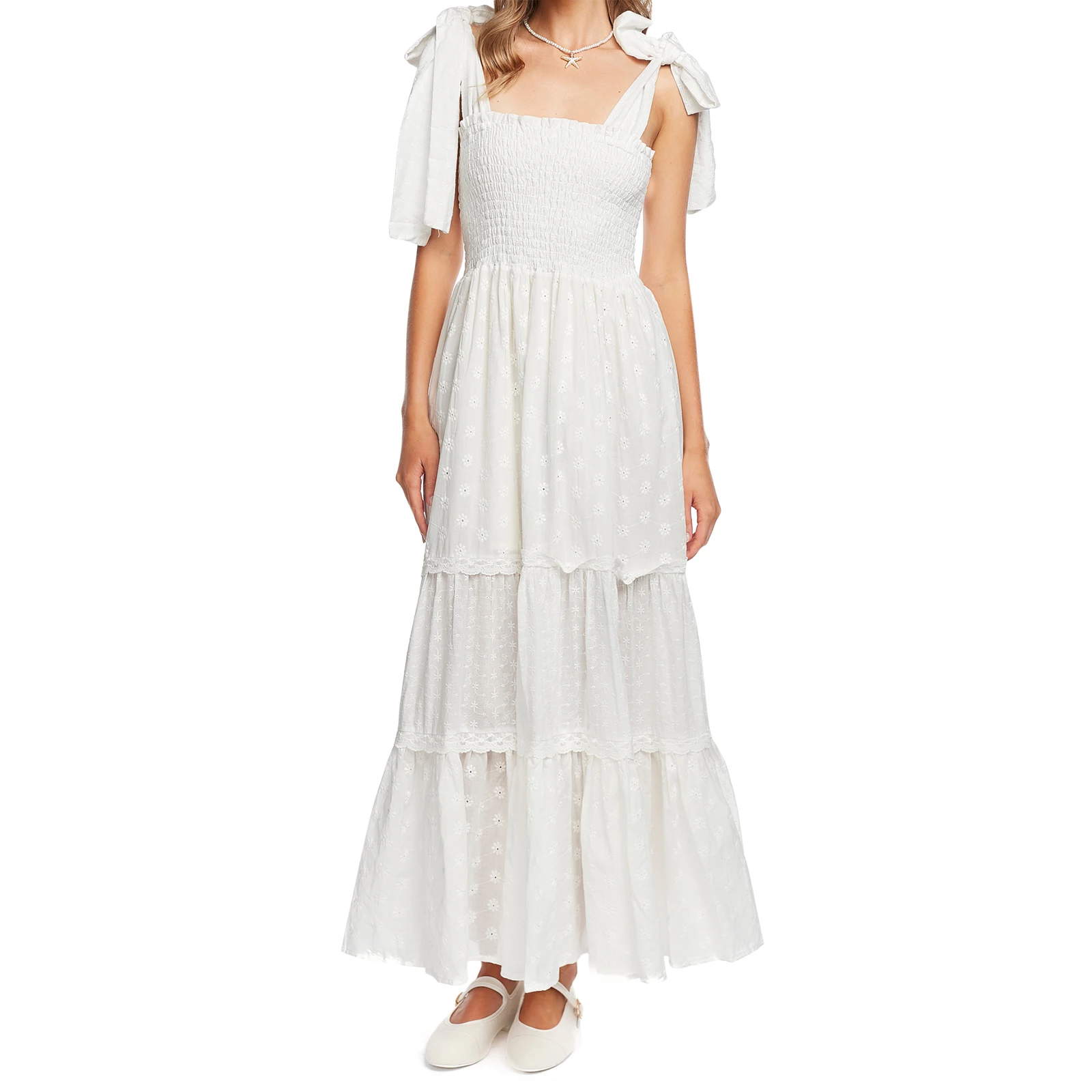 Abito da donna a trapezio con tracolla e cravatta, abito estivo senza maniche, collo quadrato, occhielli floreali, abito lungo smock per feste streetwear