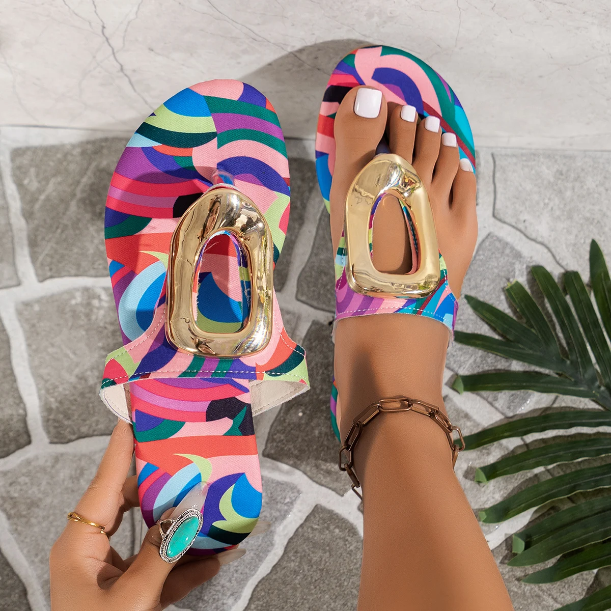 Summer Sandals Women Sandals Flip Flops Comfortable Slippers Ladies Non-Slip Open Toe Beach Shoes Printing Flat Flip-Flops