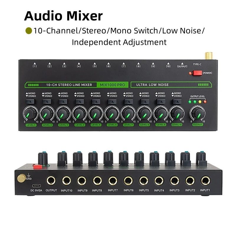 Professional 10 Channel Mini Low Noise Audio Mixer DC5V Audio Processor Portable for Guitar Bass Keyboard Stage Stereo Mono
