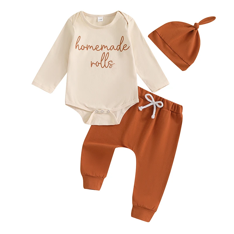 

3Pcs Baby Thanksgiving Outfits Long Sleeve Romper Pants Top Knot Hat Set Infant Clothes