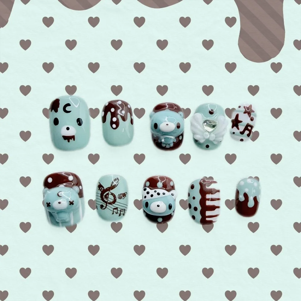 Cartoon Niedlicher Rosa Hase Dessert Liebesbär Ellipsen-Nagelkunst 3D Stern Schmetterling Knoten Flügel Punkt-Muster Künstliche Nägel Geburtstagsgeschenk – Detail 4