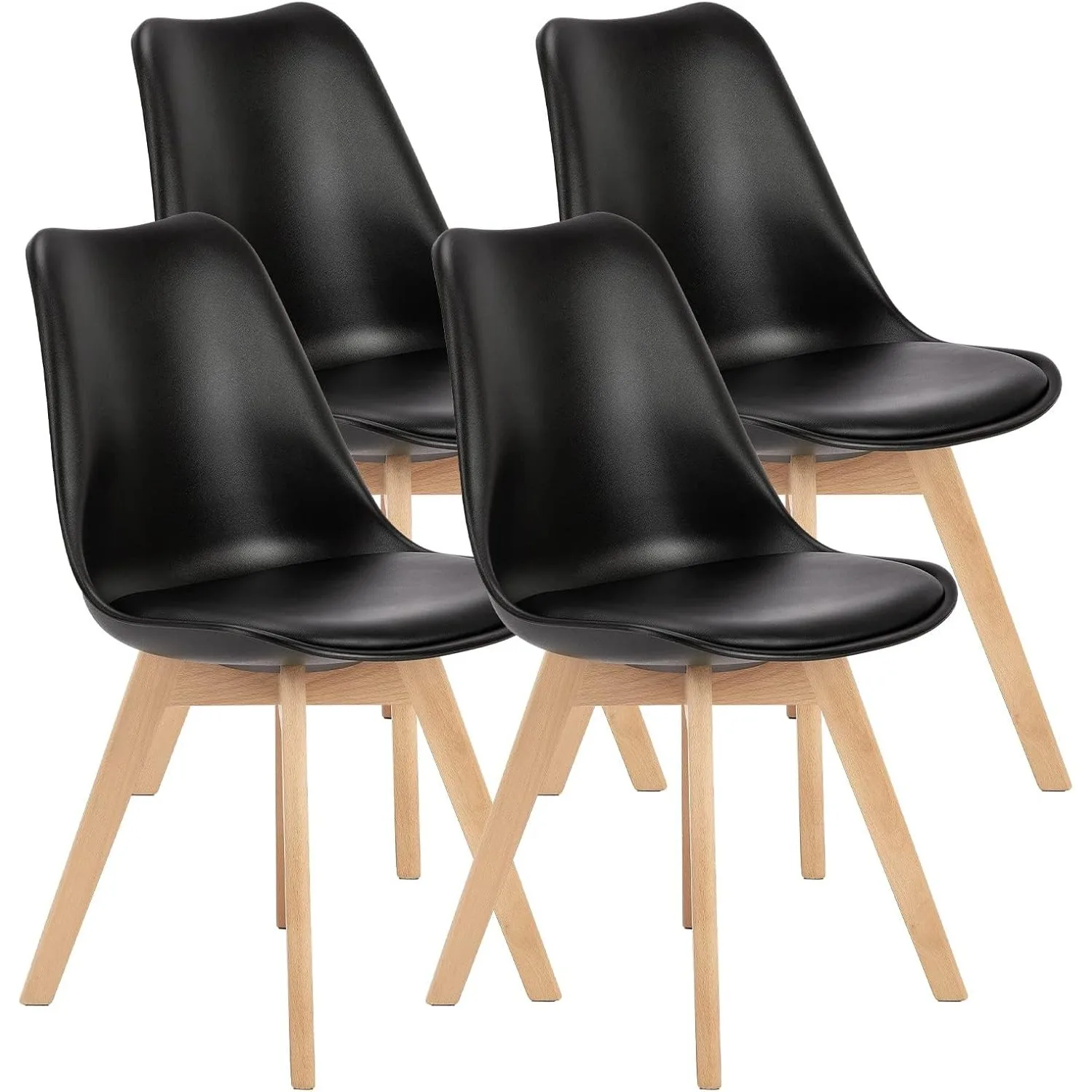 

Dining Chairs Set of 4 Mid-Century Modern, Living Room Bedroom Outdoor Lounge Chair PU Leather Cushion and Wood Legs, Black