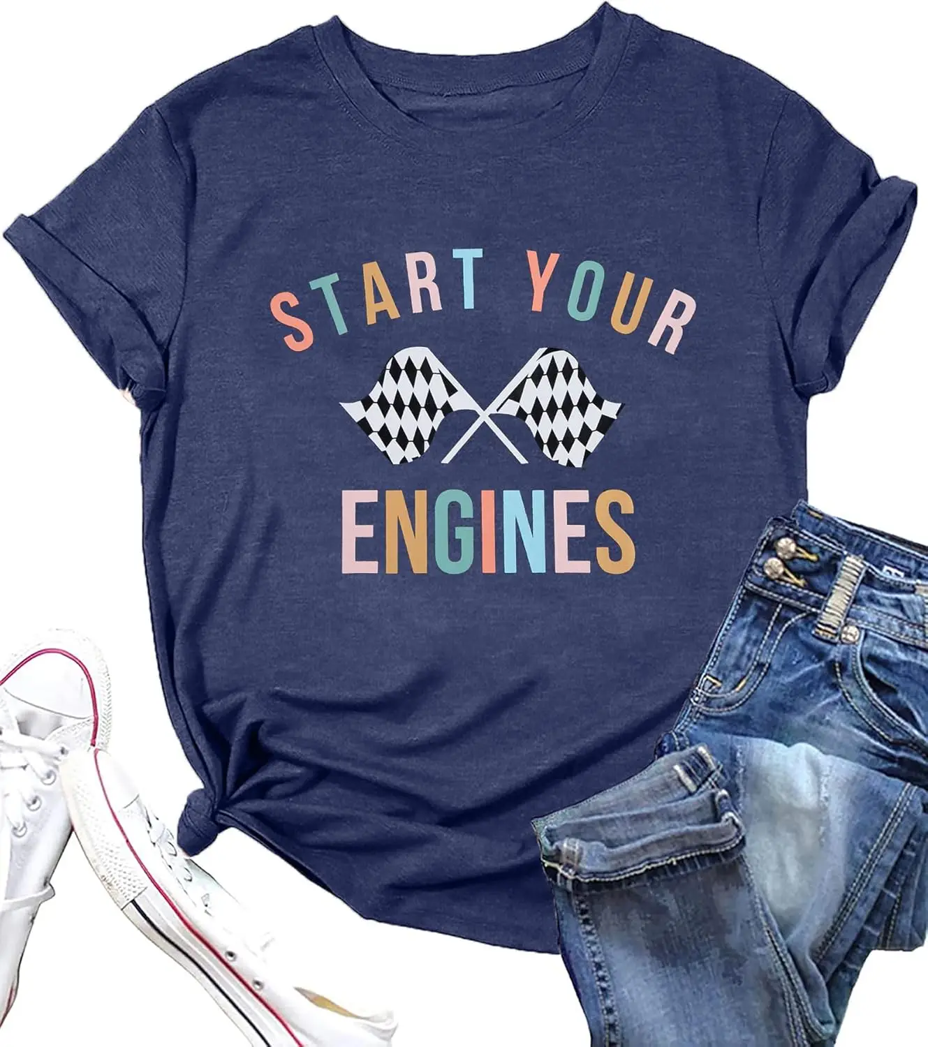 BANGELY Start Your Engines Tshirt Checkered Flag Racing Shirts Raceday Casual Unisex Short Sleeve Tee Tops 100% Cotton