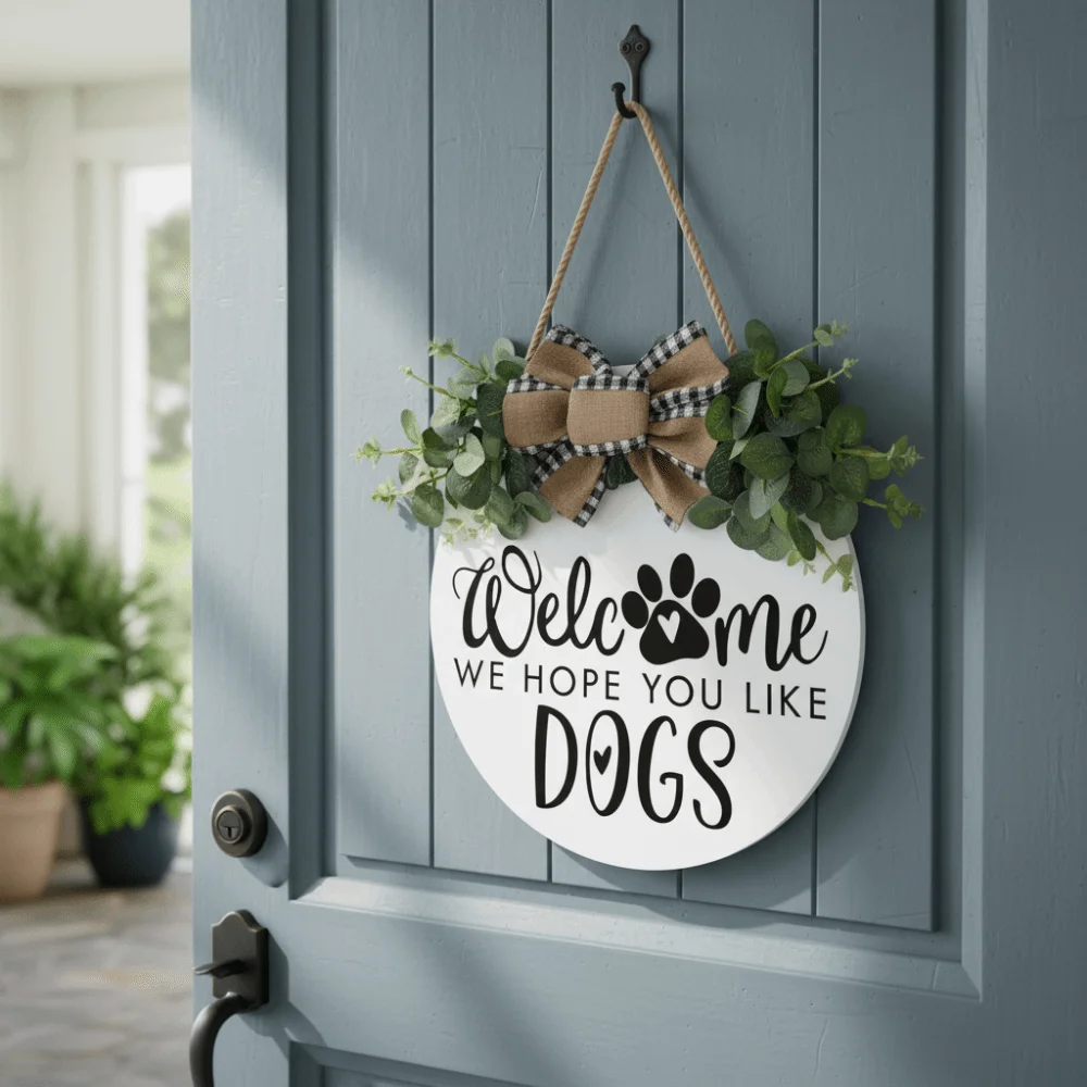 Garlands 2D Flat Welcome Sign Flower Wooden Hanging Decoration Round Shape Bow Knot Wall Art Home Decor