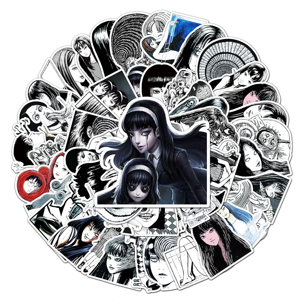 10/30/50 قطعة ملصقات أنمي مرعبة تومي كاواكامي، ملصقات كرتونية باللونين الأسود والأبيض، ملصقات مانغا جونجي إتو الرائعة لتزيين الحقائب ولوح التزلج