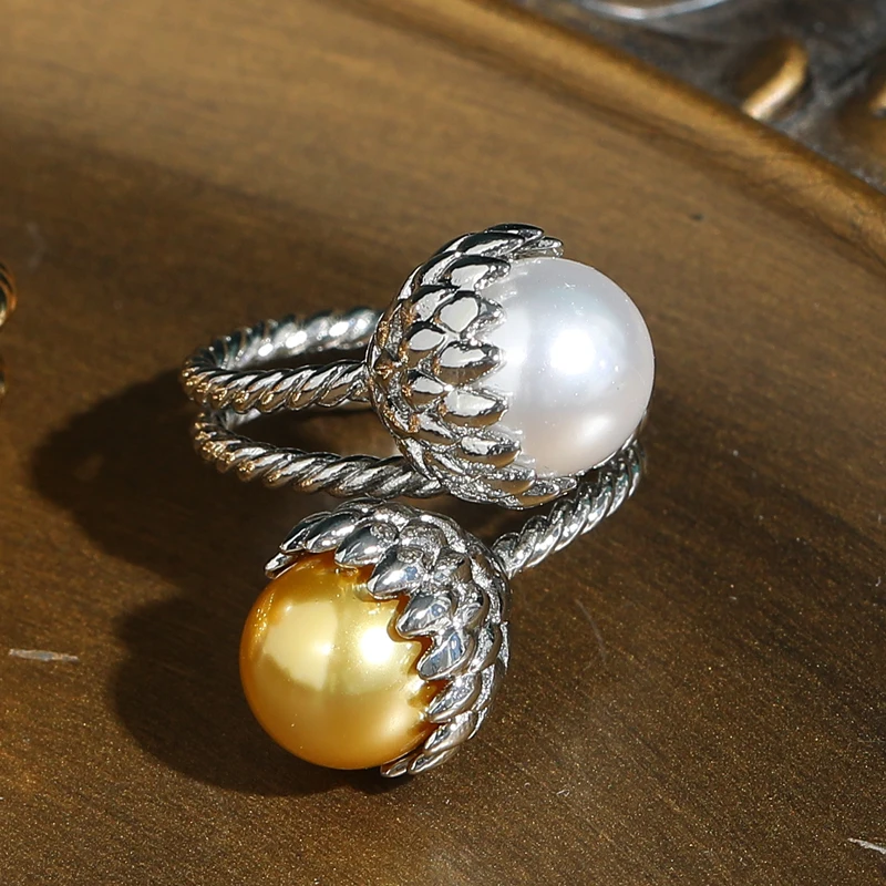 خاتم عتيق من اللؤلؤ الأبيض والأصفر إكسسوارات نسائية طبيعية فضية اللون متقاطعة مفتوحة اتجاهات المجوهرات الفاخرة 2025 حفلة عالية الجودة