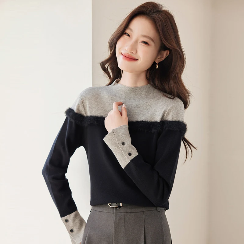 

High Quality Autumn New Classic Color Patchwork Elastic Knitted Round Neck Women's Pullover Sweater