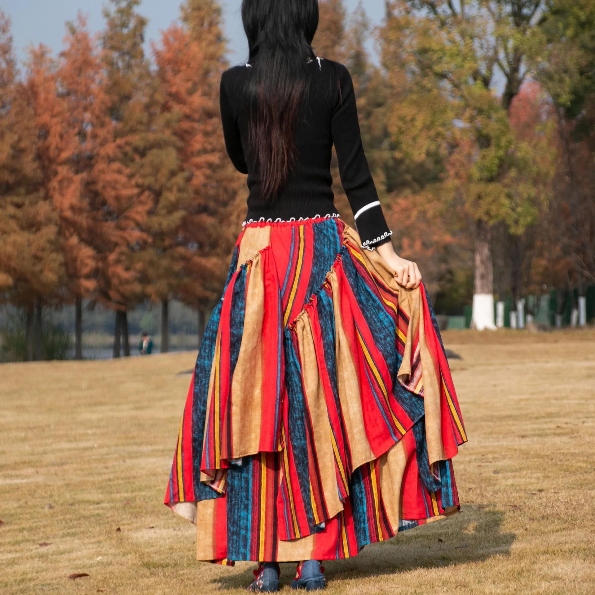 Skirt Women Bohemia Cotton Linen Long Skirts Asymmetrical Hem Patchwork Elastic Waist Lace Up Female A Line Spring Summer 2026