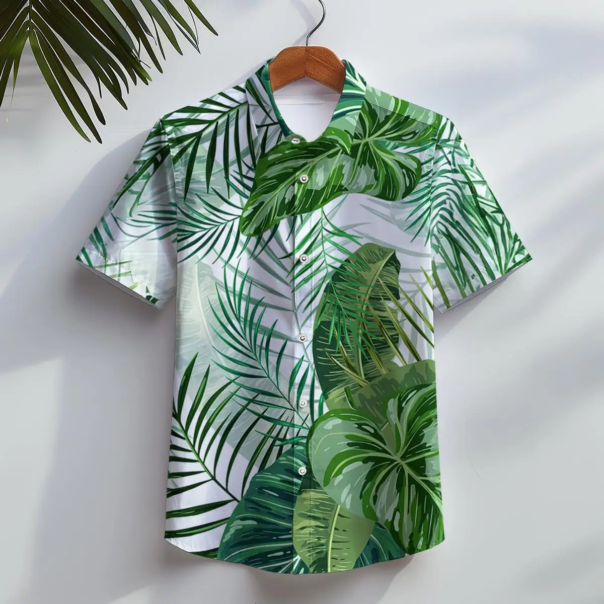 Camisa havaiana casual masculina, camisas de manga curta com botão, roupa estampada 3D floral de folha tropical para férias de verão