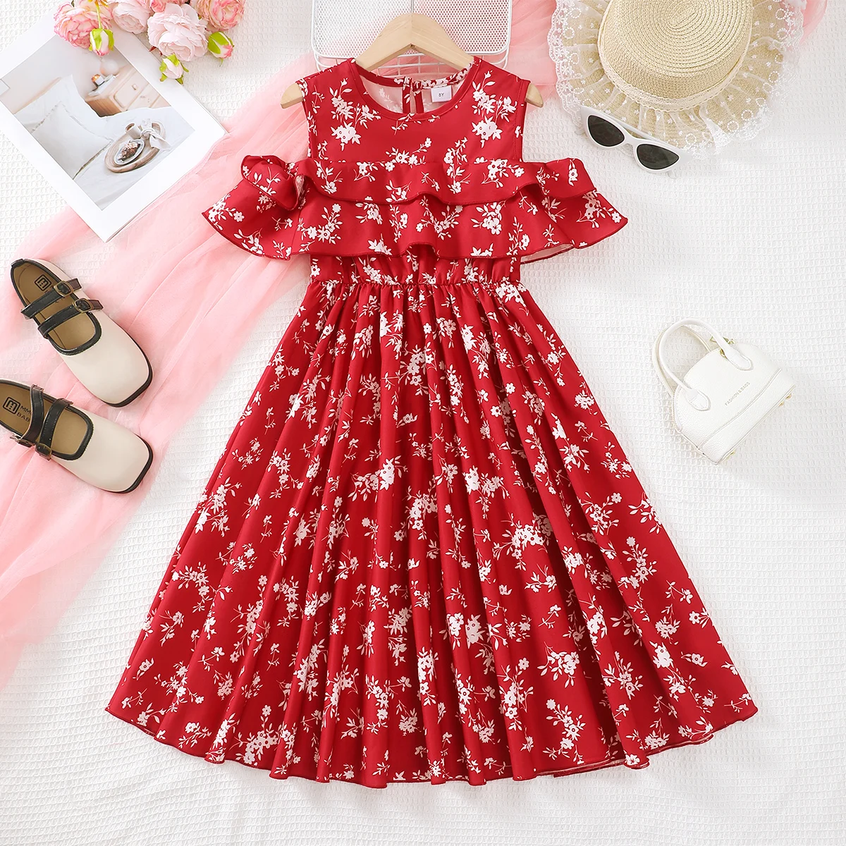 Elegantes Sommerkleid für Kinder und Mädchen, schulterfrei, Rüschenkante, kleiner floraler langer Rock für Mädchen von 8–12 Jahren, für Versammlungen und Urlaub