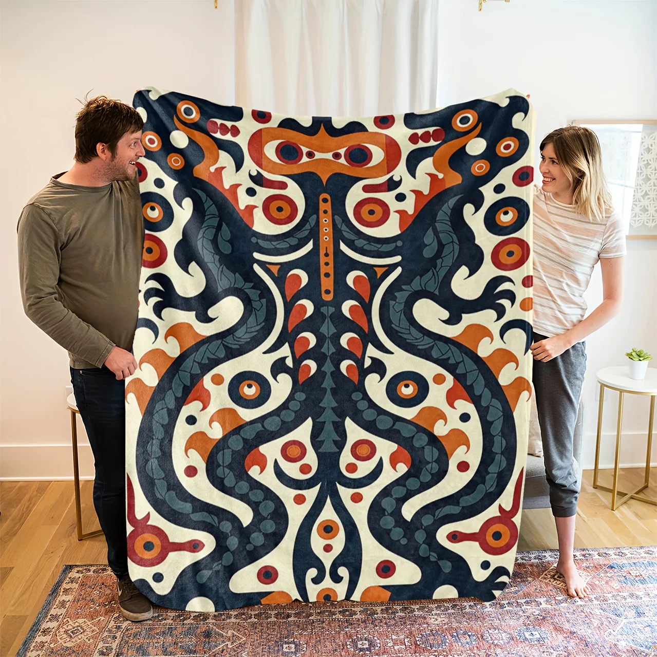 1pc Aztec Tribal Fleece Blanket - Soft Breathable 100% Polyester, High-Definition Digital Print in Navy Blue/Orange/Red/Black/Wh