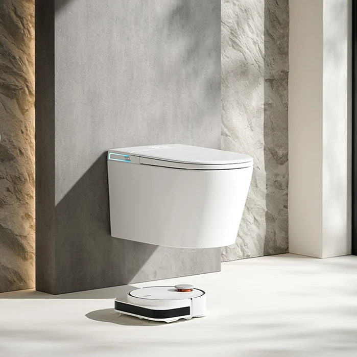 

Wall-Hung Floating Elongated Remote Control Seat Heating Integrated Water Tank For Small Spaces With P-Trap Drainage Pattern