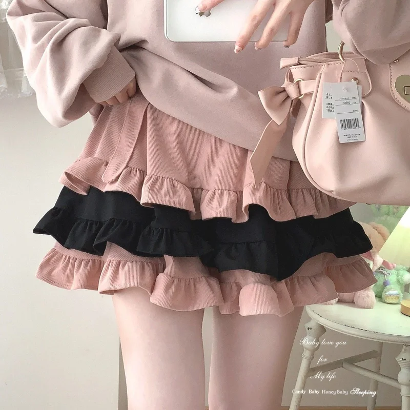 

DEEPTOWN Pink Corduroy Skirt Women Japanese Kawaii Ruffle Layered Patchwork High Waist Cute Mini Skirt Shorts Harajuku Soft Girl