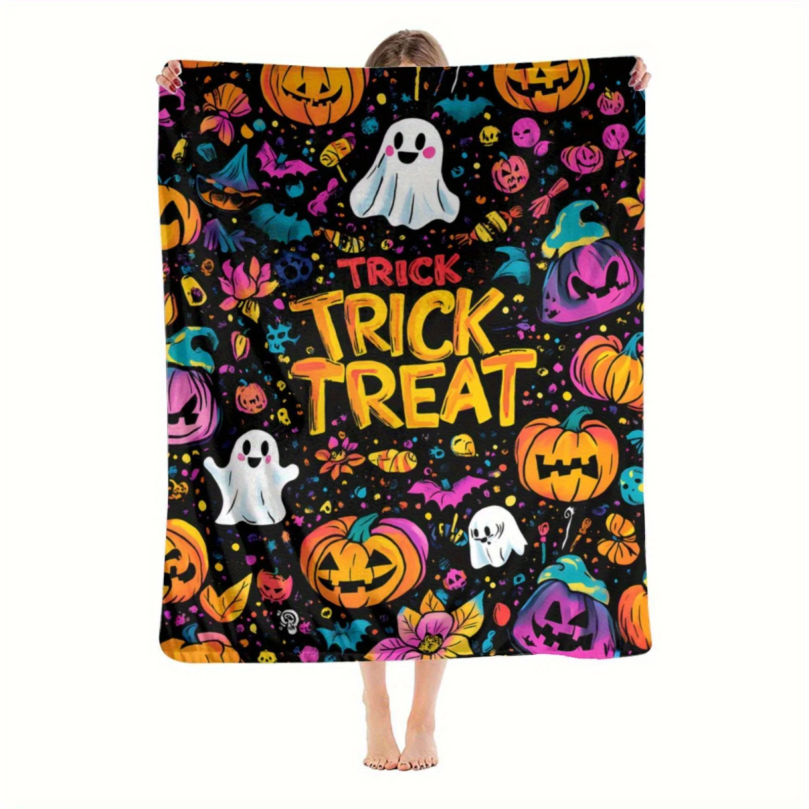 Trick or Treat Halloween Blanket - Soft Flannel, Colorful Jack-O'-Lanterns & Ghosts Design, Perfect for Sofa, Bed, Picnic