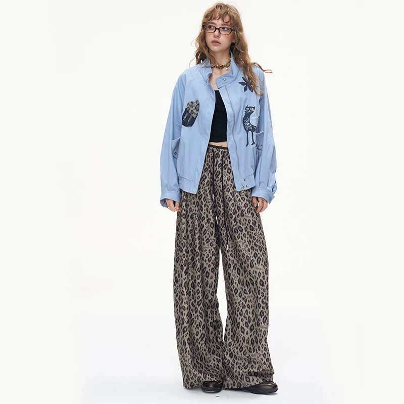 ELFSACK Women Y2K Wide Leg Pants with Leopard Print Elastic Drawstring Waist Loose Trousers for Street Daily Outfit