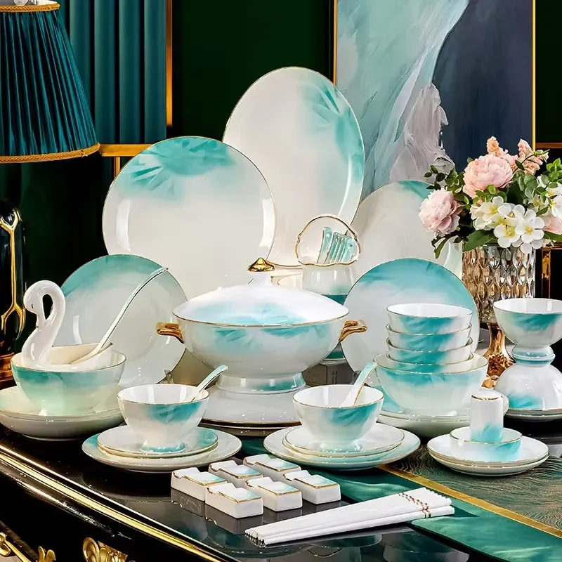 72 Pcs Fine Gold Rim China Dinner Plate Porcelain Set for 12 Persons Ceramic Dinnerware Set