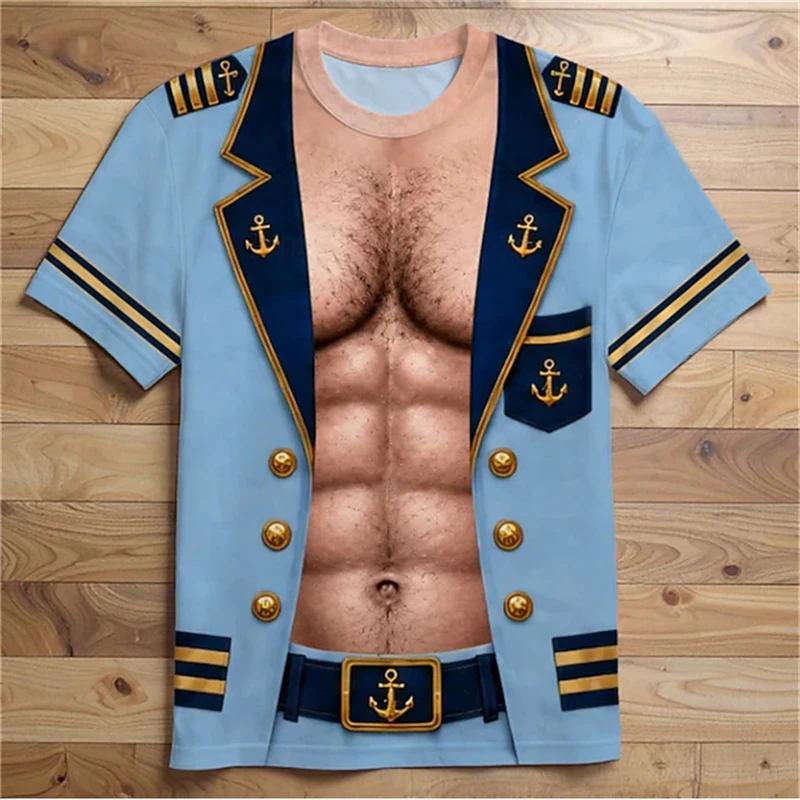 Men Fashion T-Shirts Short-Sleeve T-Shirts with Fake Muscle Prints Round-Neck Casual Tops Party and Holiday Outfits Cosplay Tops