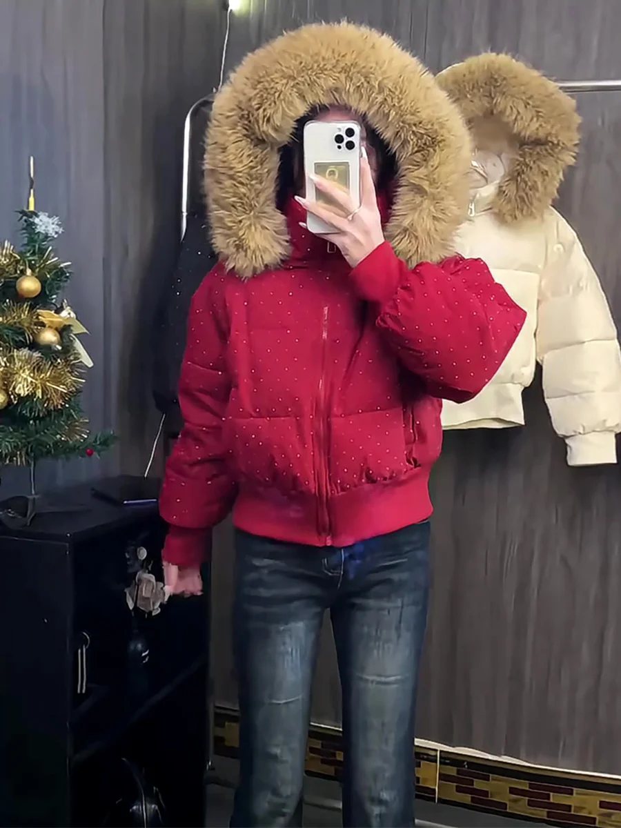 Jaqueta Puffer Feminina 2025 de Inverno Acolchoada com Plumas Brancas, Gola Grande de Pele, Quente, Modeladora, Casual e Elegante