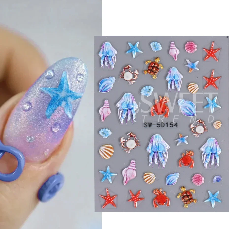 1PC Summer Sea Starfish 5D Embossed Nail Art Sticker Engraved Beach Ocean Animals Decals Nail Supplies DIY Manicure Decoration